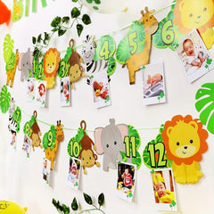 Jungle Safari 1st Bday Photo Banner 12-Month Animal Bunting Party Supplies