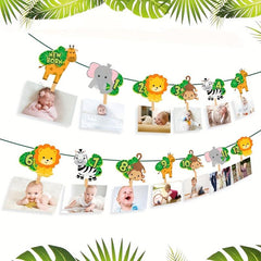 Jungle Safari 1st Bday Photo Banner 12-Month Animal Bunting Party Supplies