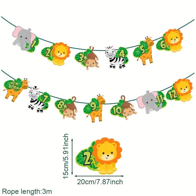 Jungle Safari 1st Bday Photo Banner 12-Month Animal Bunting Party Supplies