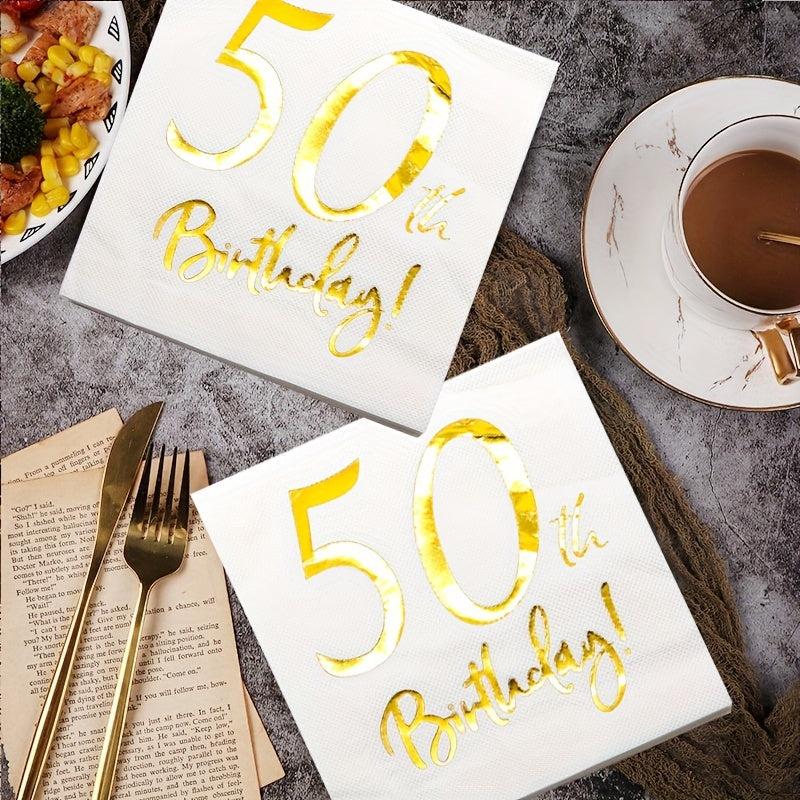 50th Birthday Cocktail Napkins Golden Set for Women's Birthday Decorations