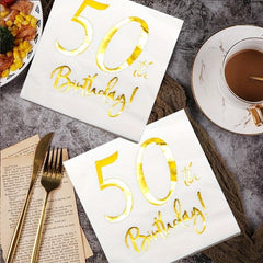 50th Birthday Cocktail Napkins Golden Set for Women's Birthday Decorations
