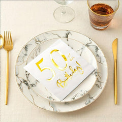 50th Birthday Cocktail Napkins Golden Set for Women's Birthday Decorations