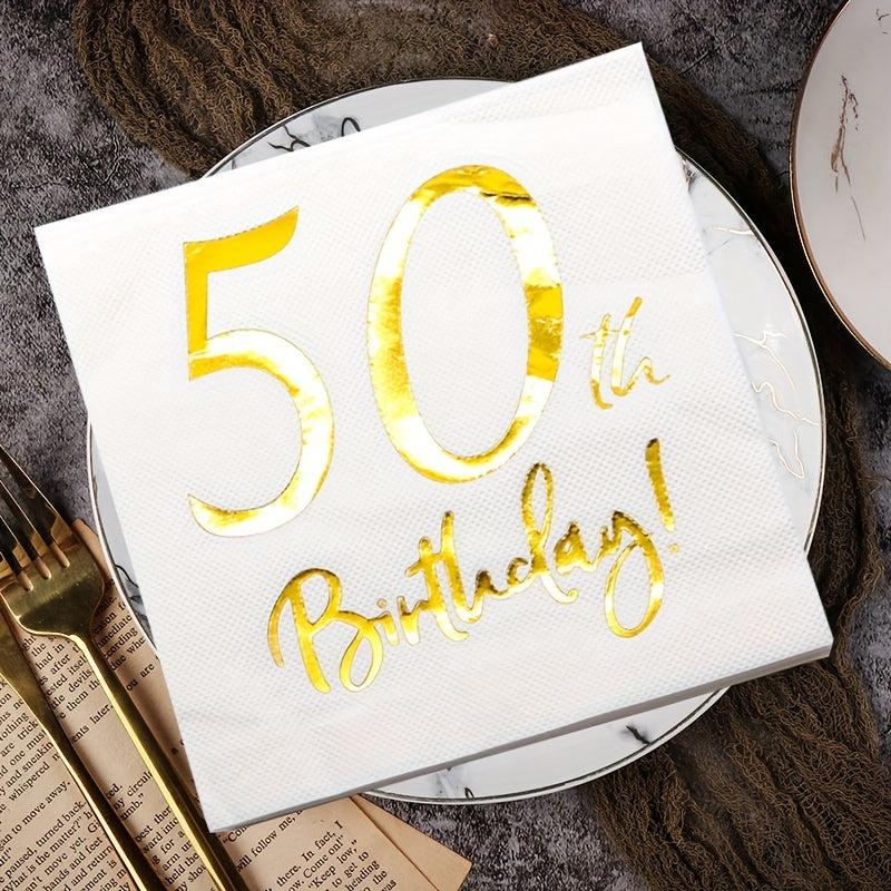 50th Birthday Cocktail Napkins Golden Set for Women's Birthday Decorations