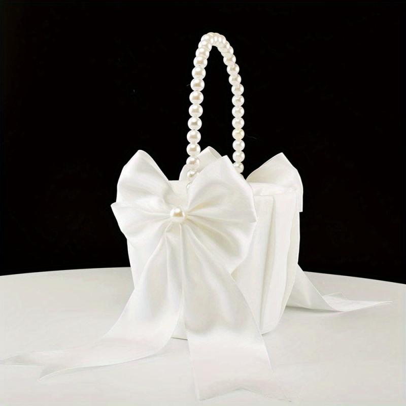 Pearl Handle Flower Girl Basket & Ring Pillow Set for Weddings