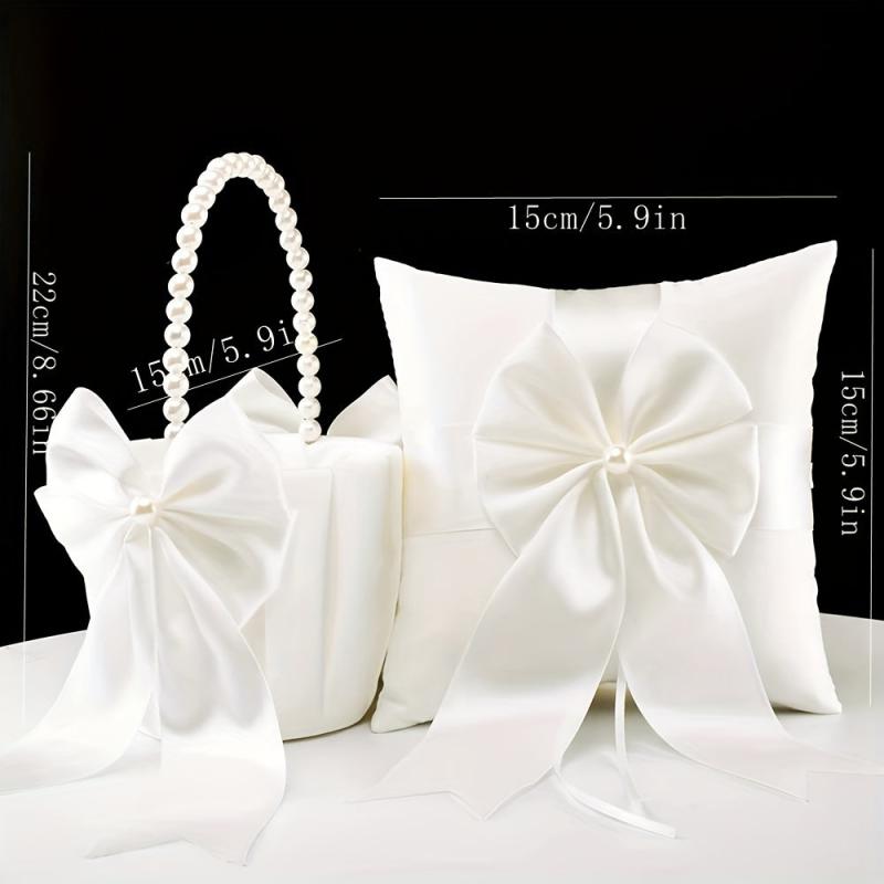 Pearl Handle Flower Girl Basket & Ring Pillow Set for Weddings