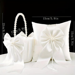 Pearl Handle Flower Girl Basket & Ring Pillow Set for Weddings