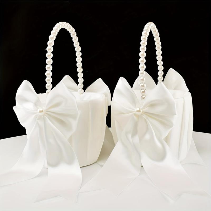 Pearl Handle Flower Girl Basket & Ring Pillow Set for Weddings