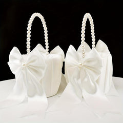 Pearl Handle Flower Girl Basket & Ring Pillow Set for Weddings