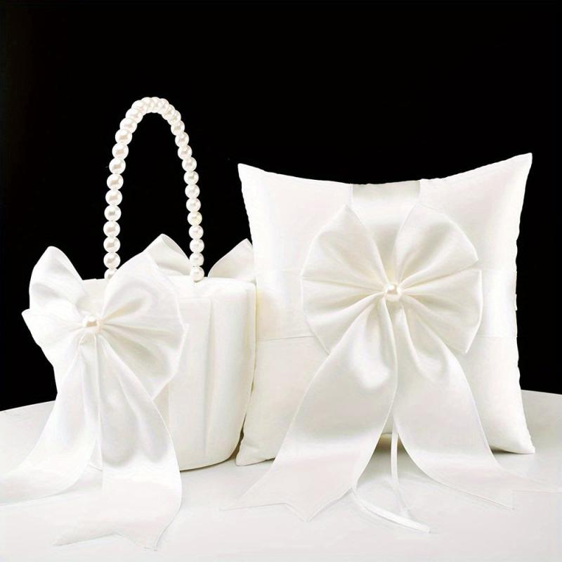 Pearl Handle Flower Girl Basket & Ring Pillow Set for Weddings