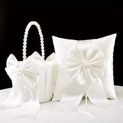 Pearl Handle Flower Girl Basket & Ring Pillow Set for Weddings