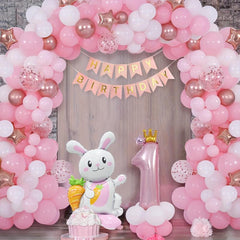 105 Pcs Rabbit Balloon Decor Pink Arch Kit Happy 1st Anniversary Bi