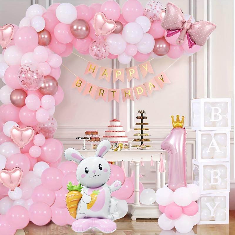 105 Pcs Rabbit Balloon Decor Pink Arch Kit Happy 1st Anniversary Bi