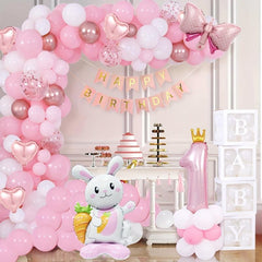 105 Pcs Rabbit Balloon Decor Pink Arch Kit Happy 1st Anniversary Bi