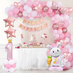 105 Pcs Rabbit Balloon Decor Pink Arch Kit Happy 1st Anniversary Bi