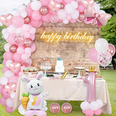105 Pcs Rabbit Balloon Decor Pink Arch Kit Happy 1st Anniversary Bi