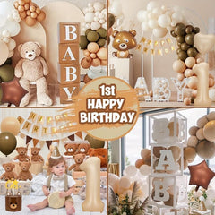 Boho Bear 1st Birthday Decor Set Giant Bear Foil Balloon Burnt 1 Number & Beige