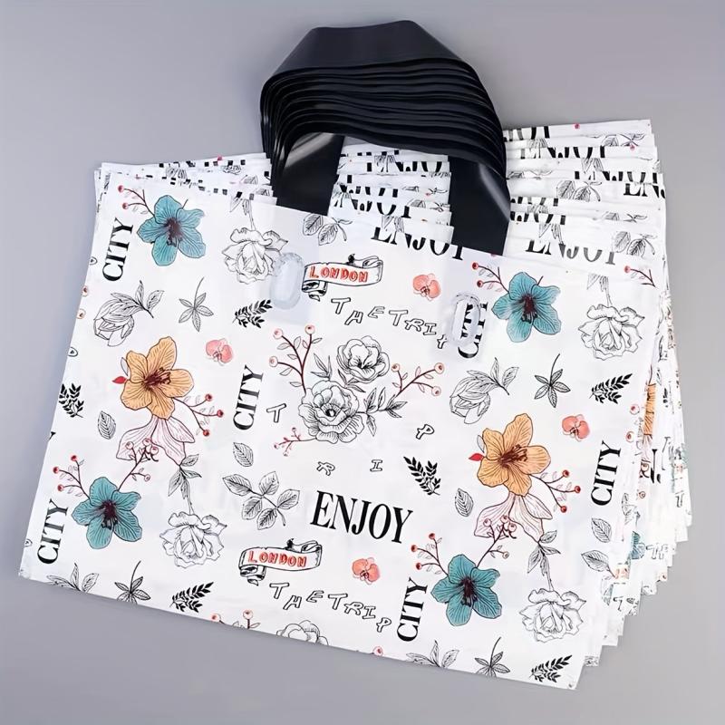 5pcs Flower Printed Plastic Tote Bags British Style Party Favor Bags