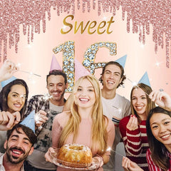 Sweet 16th Birthday Banner Rose Golden Pink Sweet Sixteen Party Sign