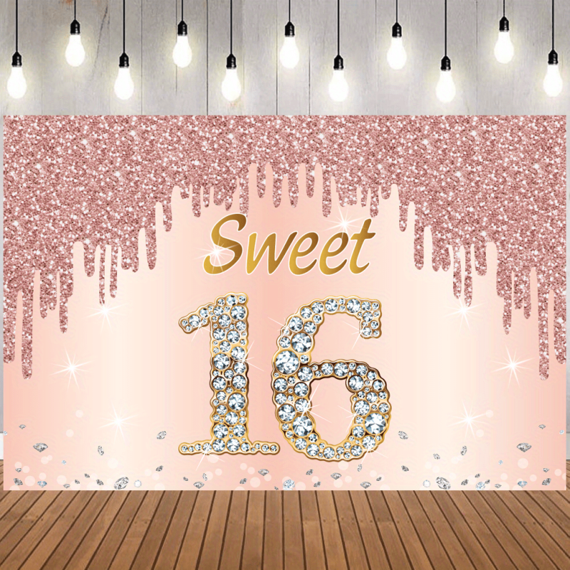 Sweet 16th Birthday Banner Rose Golden Pink Sweet Sixteen Party Sign