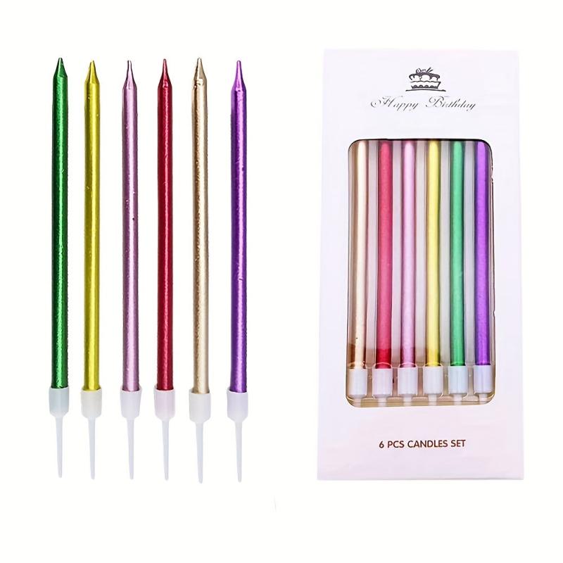 6pcs Long Thin Cake Candles Metallic Birthday Cake Decorations