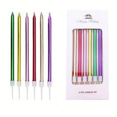 6pcs Long Thin Cake Candles Metallic Birthday Cake Decorations