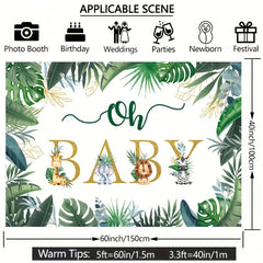 Jungle Animals Baby Shower Backdrop 5x3ft Greenery Leaves Neutral Gender