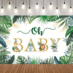 Jungle Animals Baby Shower Backdrop 5x3ft Greenery Leaves Neutral Gender