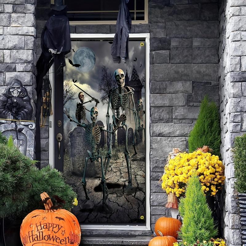 Large Fabric Skeleton Door Cover Halloween Front Door Decorations