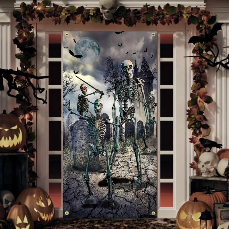 Large Fabric Skeleton Door Cover Halloween Front Door Decorations