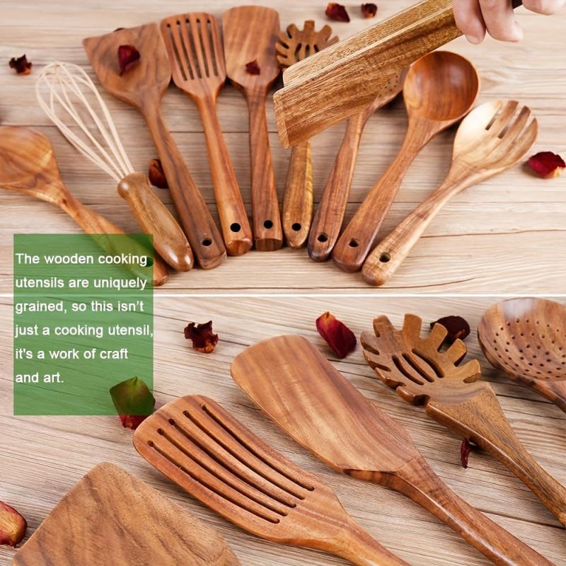 Teak Wood Kitchen Utensils Set with Holder, Natural Cooking Spoons