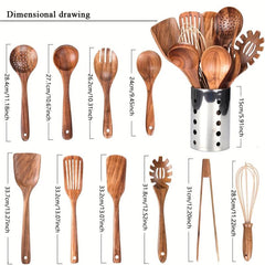 Teak Wood Kitchen Utensils Set with Holder, Natural Cooking Spoons
