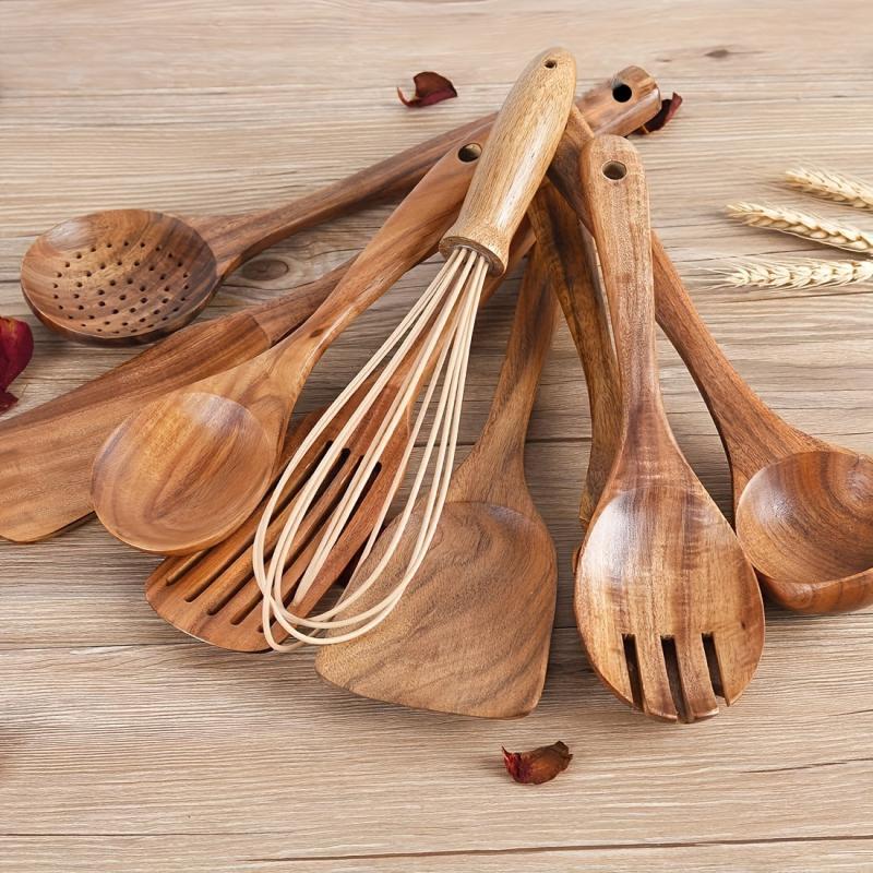 Teak Wood Kitchen Utensils Set with Holder, Natural Cooking Spoons