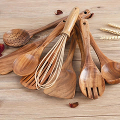 Teak Wood Kitchen Utensils Set with Holder, Natural Cooking Spoons