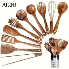Teak Wood Kitchen Utensils Set with Holder, Natural Cooking Spoons