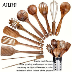 Teak Wood Kitchen Utensils Set with Holder, Natural Cooking Spoons