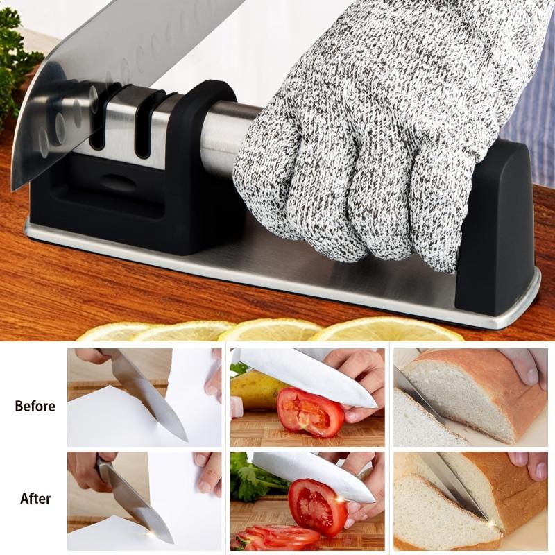 Portable 2-Stage Knife Sharpener Kit + 5 Cut Resistant Gloves