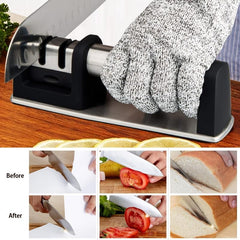 Portable 2-Stage Knife Sharpener Kit + 5 Cut Resistant Gloves