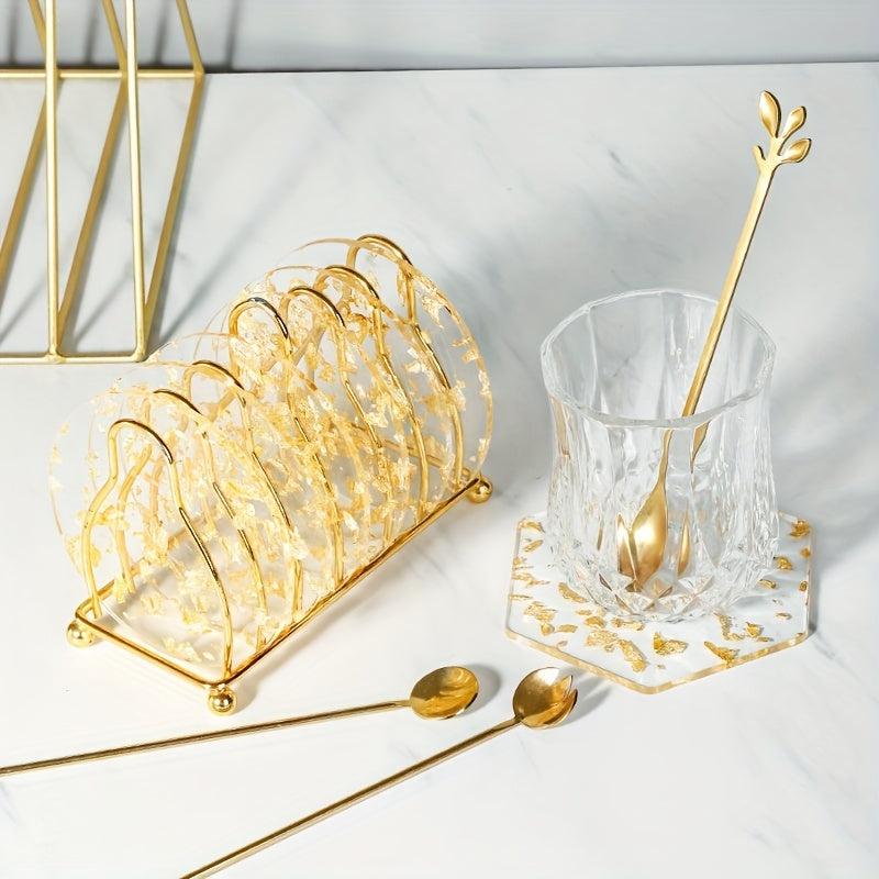 1pc Acrylic Coaster Golden Foil Decor Hexagon Shape Cup Coaster