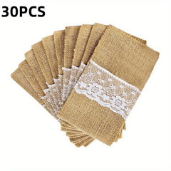 30pcs Lace Utensil Holders Burlap Cutlery Pouch Christmas Wedding Decoration