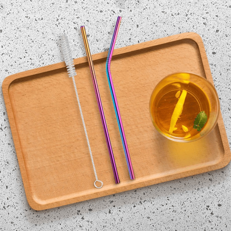 3pcs Silvery Portable Straw With Cleaning Brush Stainless Steel Straw Set