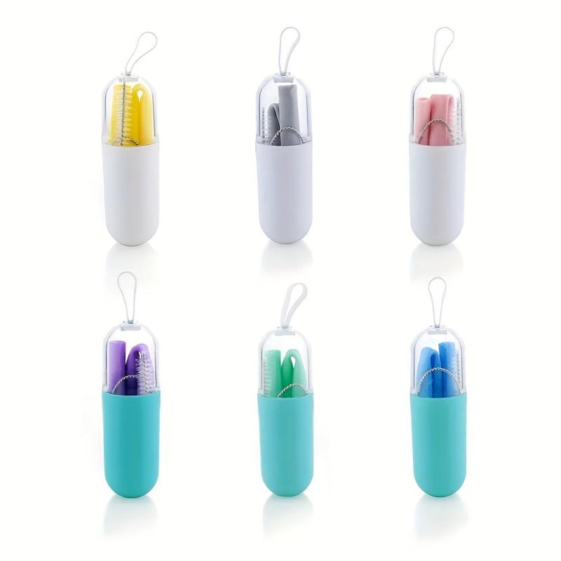 Silicone Reusable Folding Straw w/ Case & Brush Set