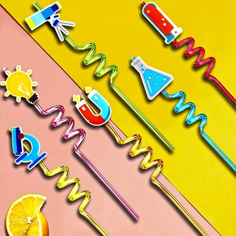 6pcs Science Theme Reusable Straws with Brush for Milk Water Drinking