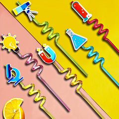 6pcs Science Theme Reusable Straws with Brush for Milk Water Drinking