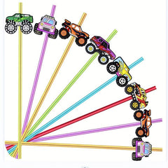 6pcs Car Theme Reusable Straw Set with Brush for Family Gatherings