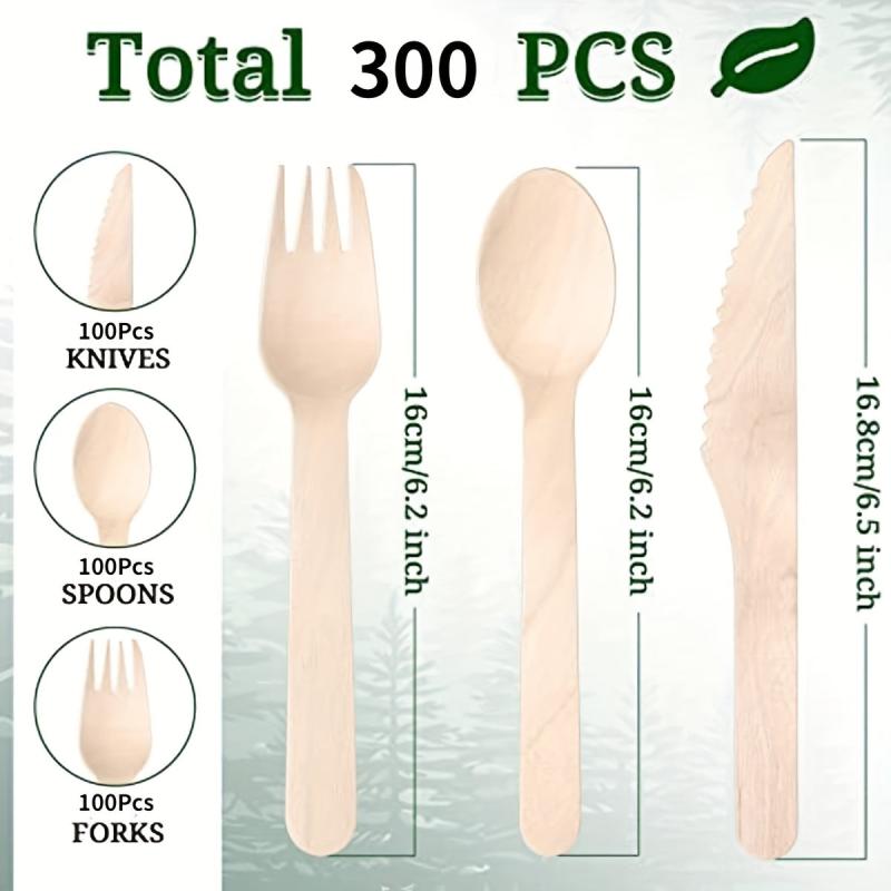 300pcs Disposable Wooden Cutlery Set Forks Knives Spoons for Party Camping