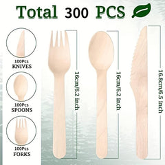 300pcs Disposable Wooden Cutlery Set Forks Knives Spoons for Party Camping