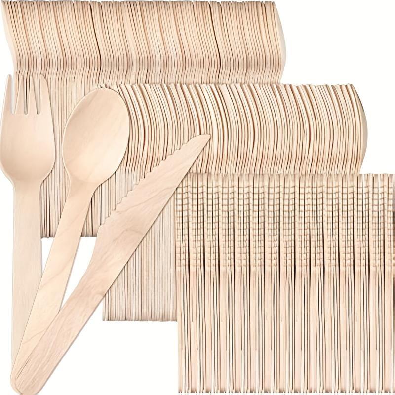 300pcs Disposable Wooden Cutlery Set Forks Knives Spoons for Party Camping