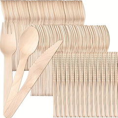 300pcs Disposable Wooden Cutlery Set Forks Knives Spoons for Party Camping