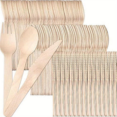 300pcs Disposable Wooden Cutlery Set Forks Knives Spoons for Party Camping