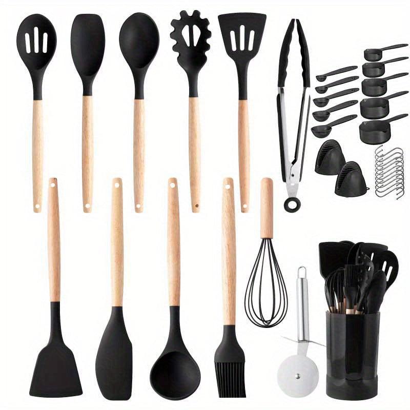 35pcs Silicone Kitchen Utensils Set Wooden Handle Heat Resistant Non-stick